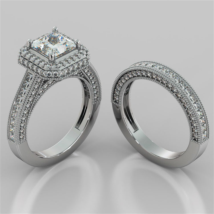 Pavé-Style Halo Princess Cut Cathedral Trio Wedding Set