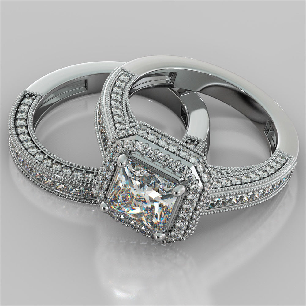 Vintage Style Pavé Double Halo Asscher Cut Cathedral Trio Wedding Set