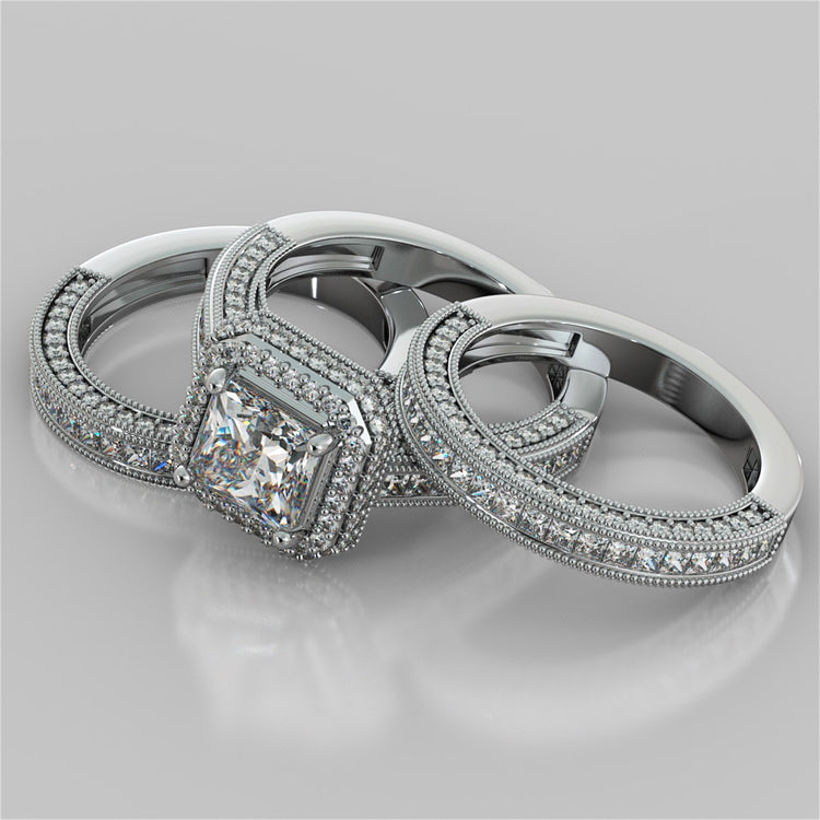 Asscher Cut Cathedral Style Two-Tier Pavé Halo Wedding Set