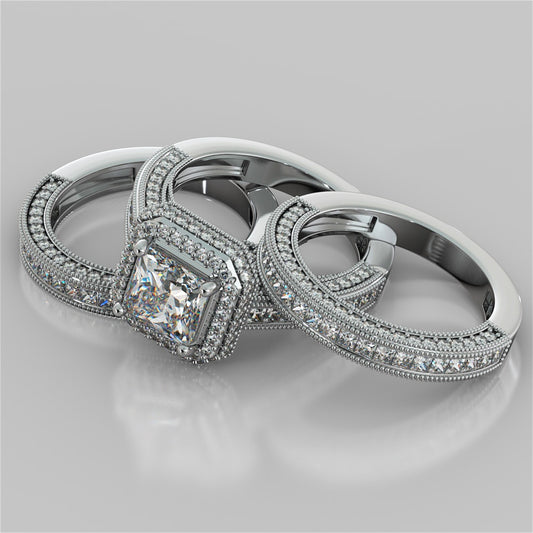 Pavé-Style Halo Princess Cut Cathedral Trio Wedding Set