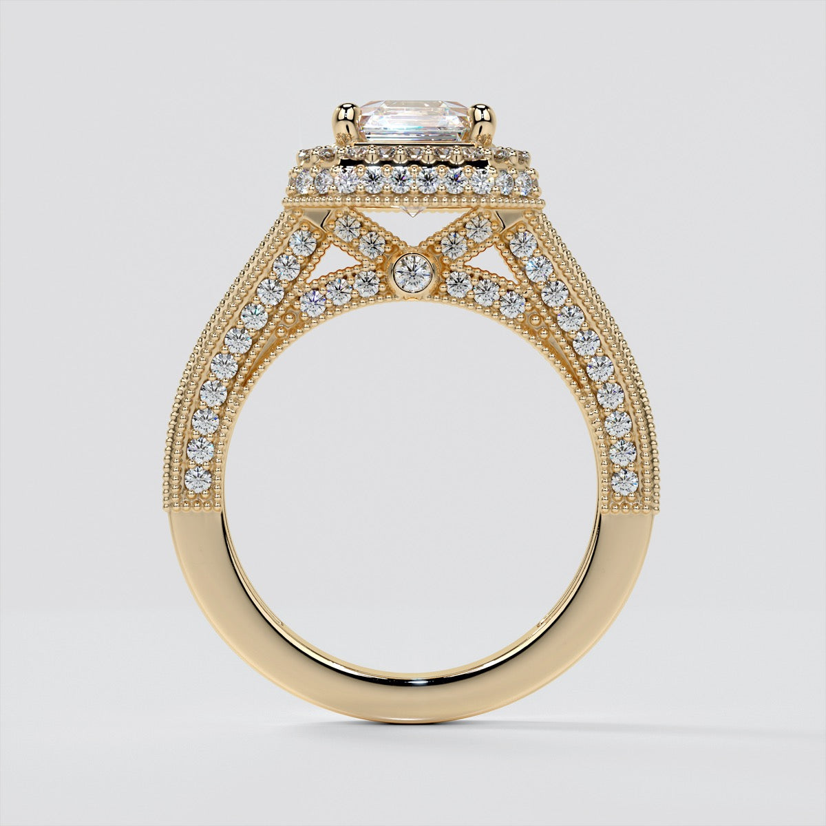 Asscher Cut Cathedral Style Two-Tier Pavé Halo Wedding Set