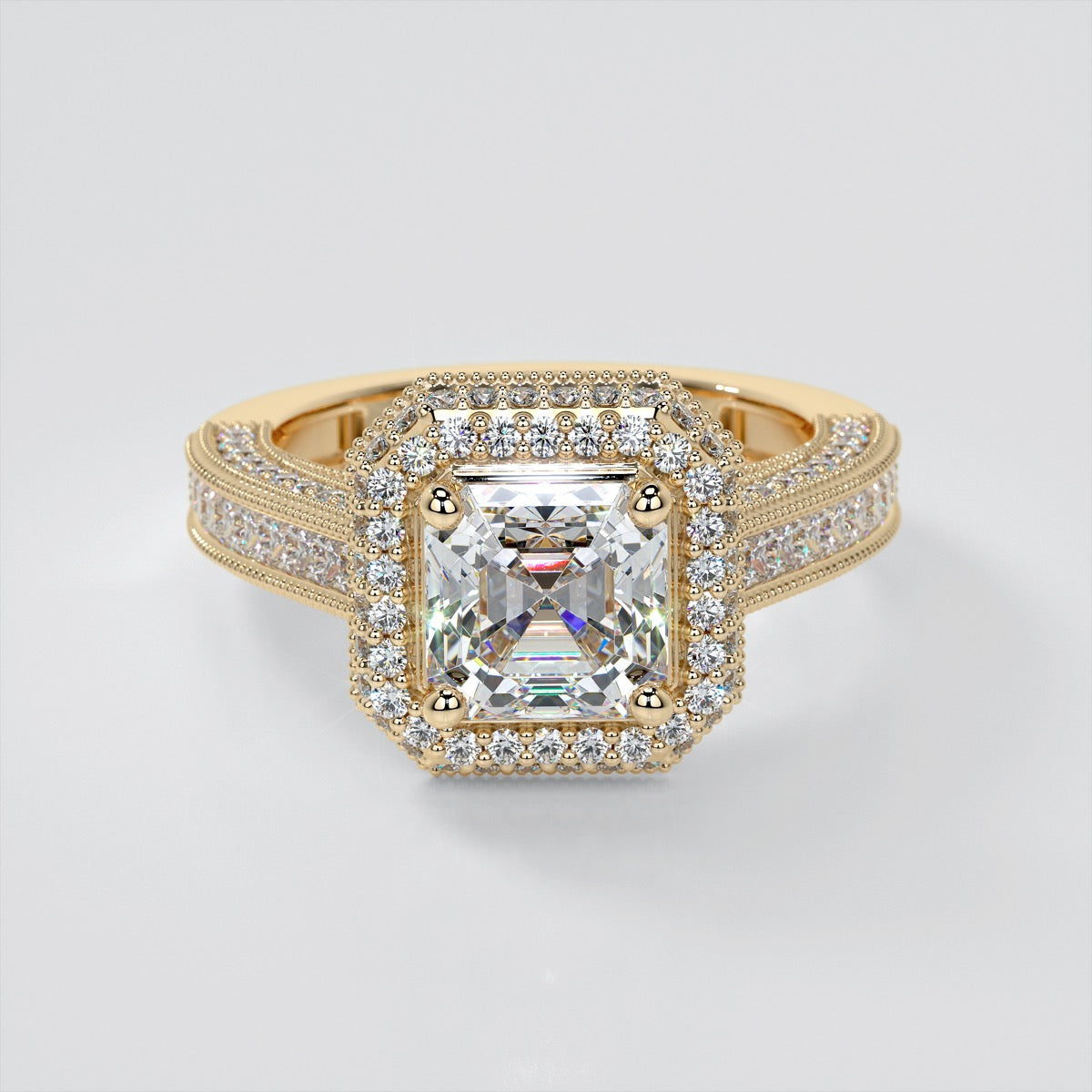 Vintage Style Pavé Double Halo Asscher Cut Cathedral Trio Wedding Set