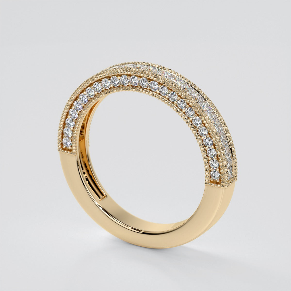 Channel Set Princess Cut Wedding Band with Pavé Style Round Stones