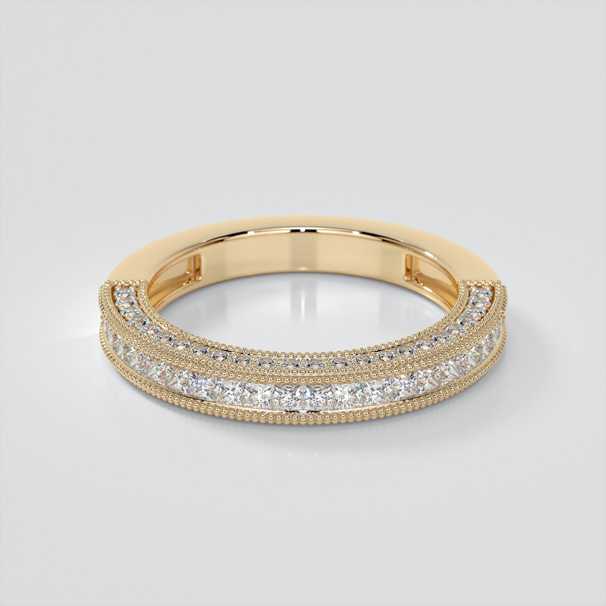 Channel Set Princess Cut Wedding Band with Pavé Style Round Stones