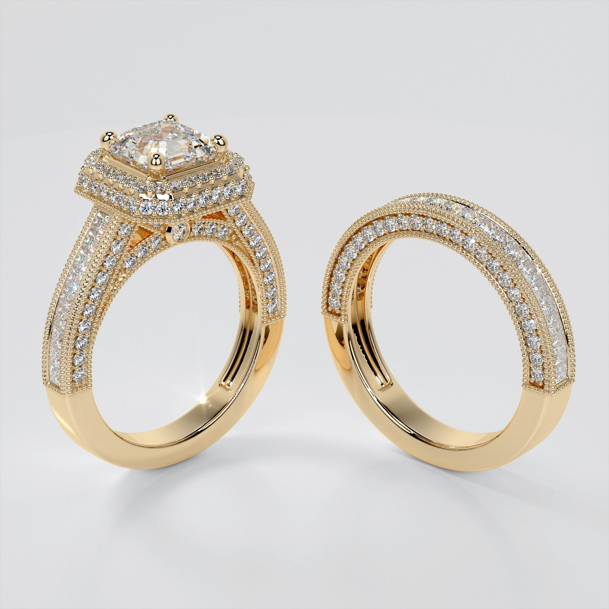 Asscher Cut Cathedral Style Two-Tier Pavé Halo Wedding Set