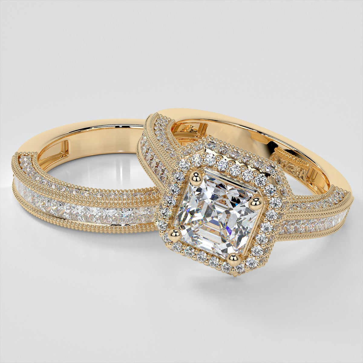 Asscher Cut Cathedral Style Two-Tier Pavé Halo Wedding Set