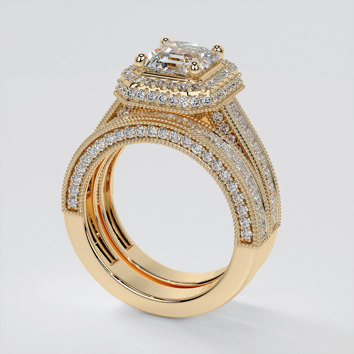 Asscher Cut Cathedral Style Two-Tier Pavé Halo Wedding Set