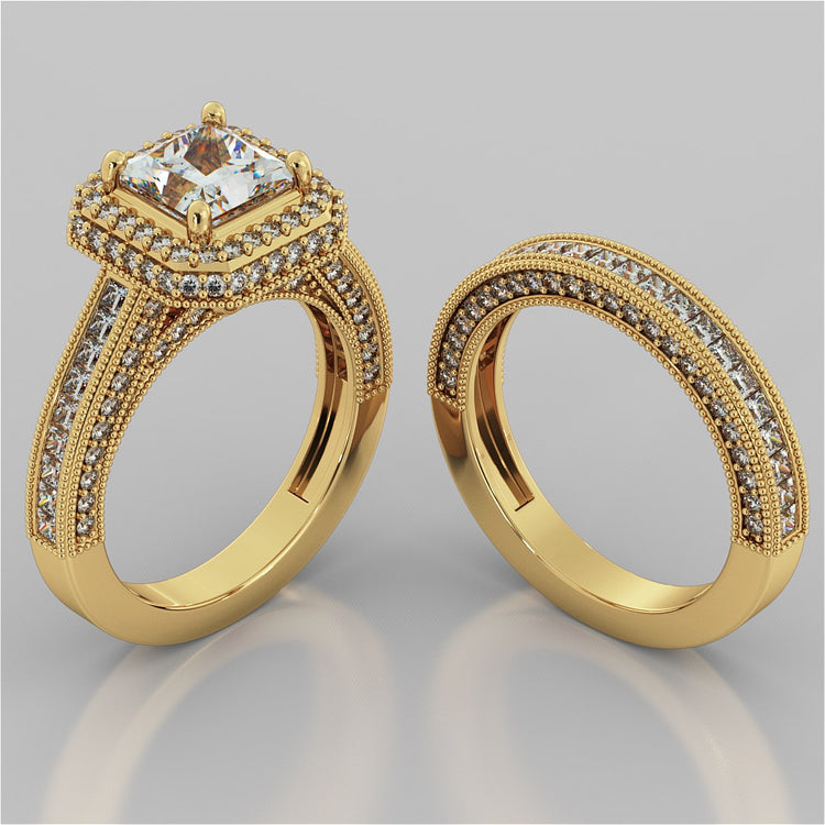 Asscher Cut Cathedral Style Two-Tier Pavé Halo Wedding Set