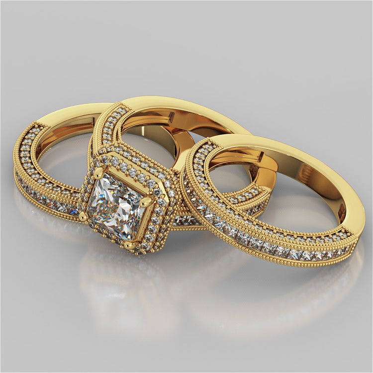 Asscher Cut Cathedral Style Two-Tier Pavé Halo Wedding Set