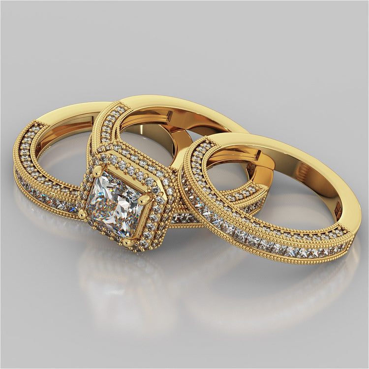 Pavé-Style Halo Princess Cut Cathedral Trio Wedding Set