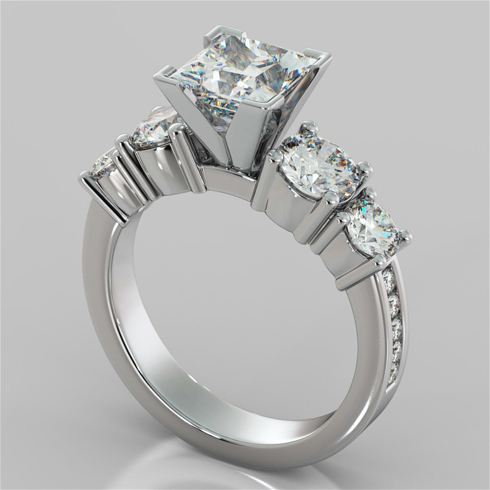 3.11Ct Princess Cut 5-Stone Engagement Ring with Accents in 14K White Gold