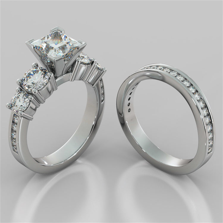 Channel Setting 5-Stone Princess Cut Wedding Set with Accents