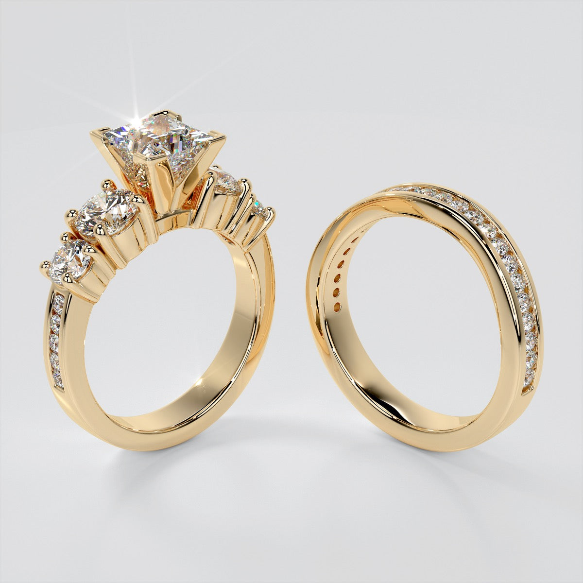 Channel Setting 5-Stone Princess Cut Wedding Set with Accents