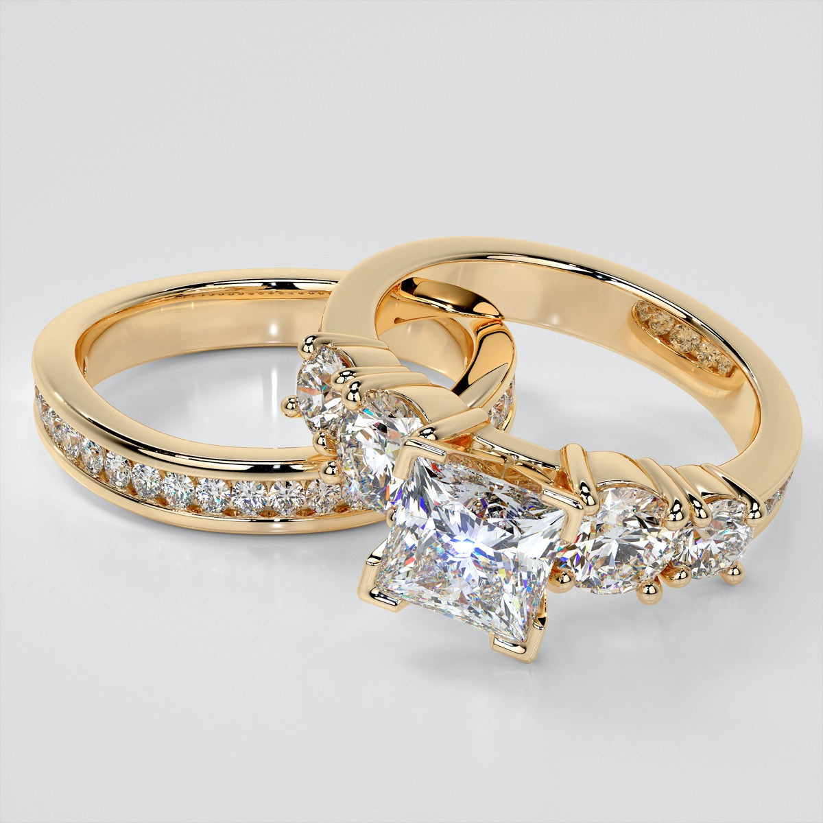 5-Stone Princess Cut Trio Wedding Set with Channel Set Accents