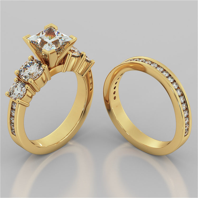 Channel Setting 5-Stone Princess Cut Wedding Set with Accents