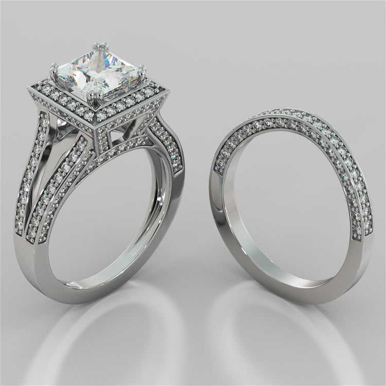 Princess Cut Trio Wedding Set with Accented Split Shanks