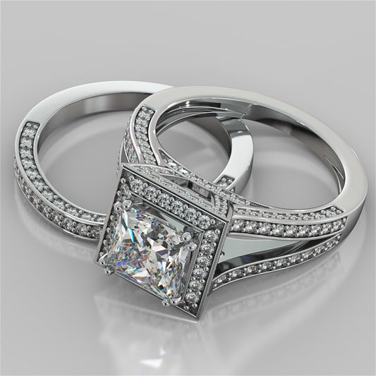 Split Shank Princess Cut Wedding Set with Accents