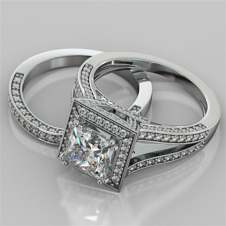 Princess Cut Trio Wedding Set with Accented Split Shanks