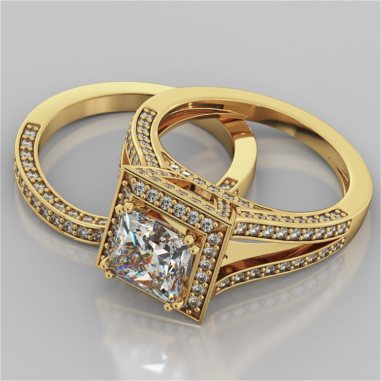 Princess Cut Trio Wedding Set with Accented Split Shanks