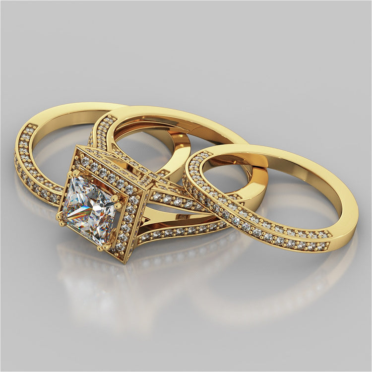 Princess Cut Trio Wedding Set with Accented Split Shanks