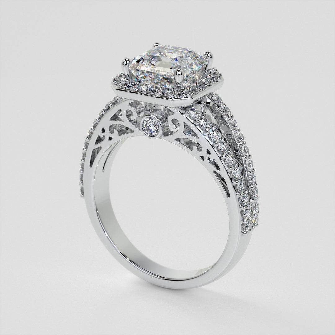 1.5Ct Asscher Cut Lab Grown Diamond Engagement Ring with Filigree Split Shanks