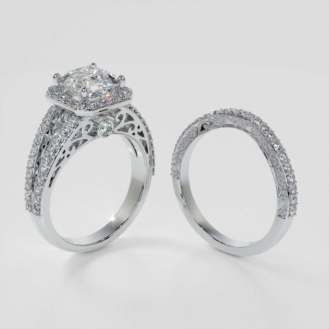 1.5Ct Asscher Cut Lab Grown Diamond Engagement Ring with Filigree Split Shanks