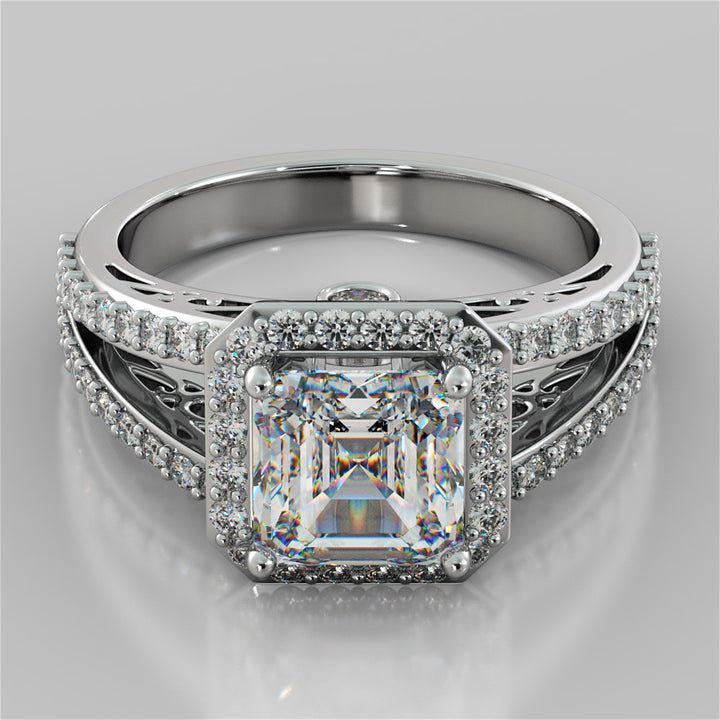 Asscher Cut Trio-Wedding Set with Accented Filigree Split Shanks