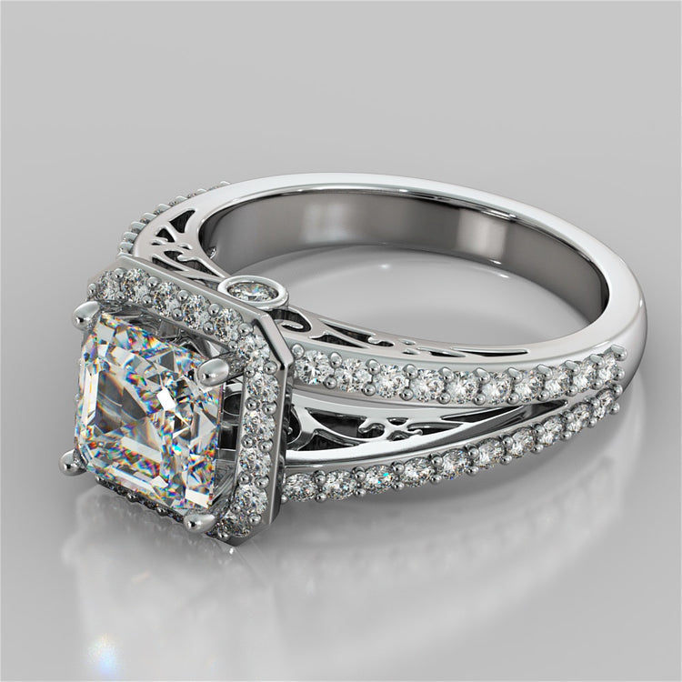 Asscher Cut Trio-Wedding Set with Accented Filigree Split Shanks