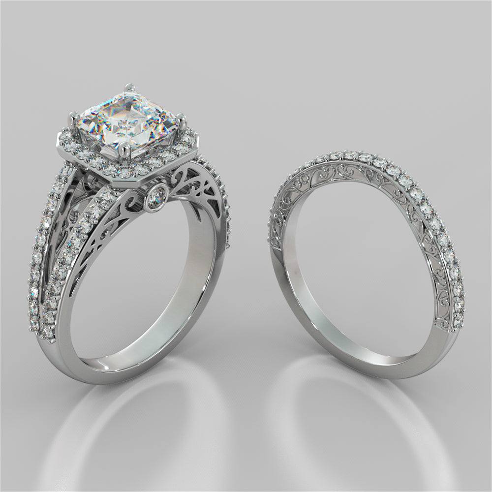 2.42Ct Split Shank Asscher Cut Wedding Set in 14K White Gold