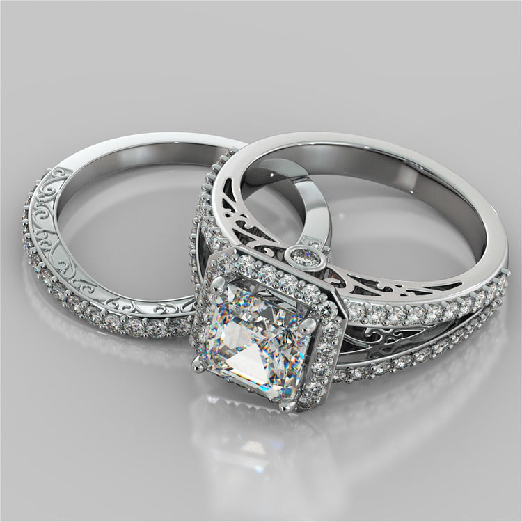 Asscher Cut Trio-Wedding Set with Accented Filigree Split Shanks