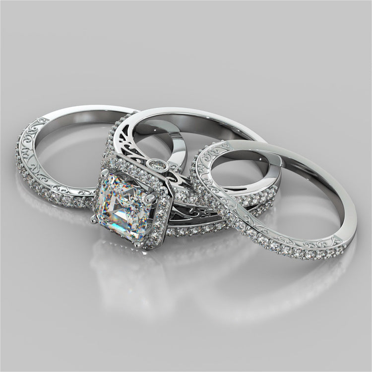 Split Shank Asscher Cut Wedding Set with Filigree Design