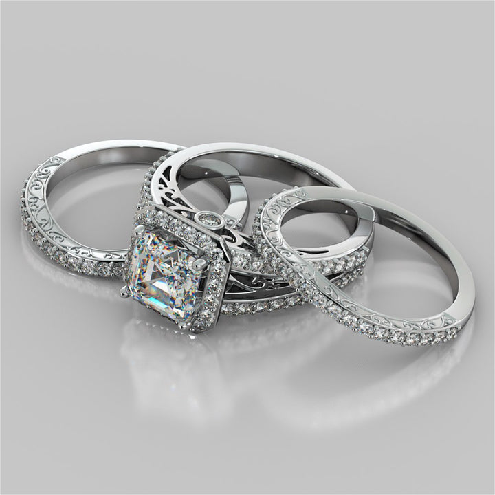 Asscher Cut Trio-Wedding Set with Accented Filigree Split Shanks