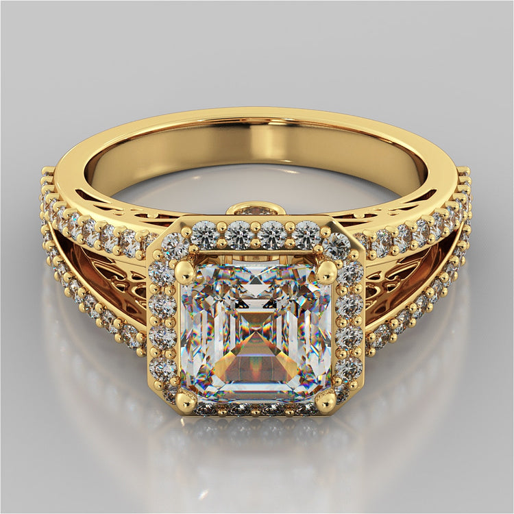 Asscher Cut Trio-Wedding Set with Accented Filigree Split Shanks