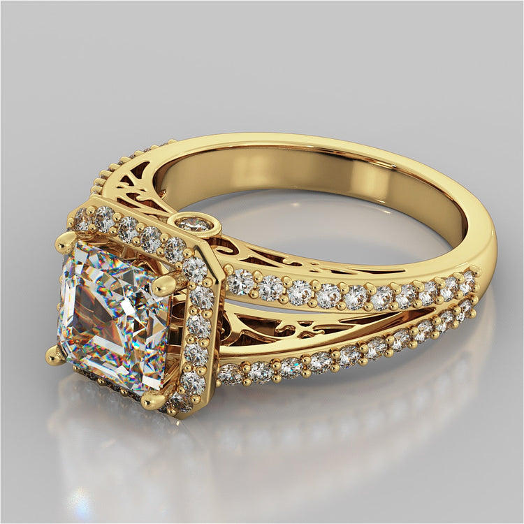 Asscher Cut Split Shank Engagement Ring with Filigree Setting