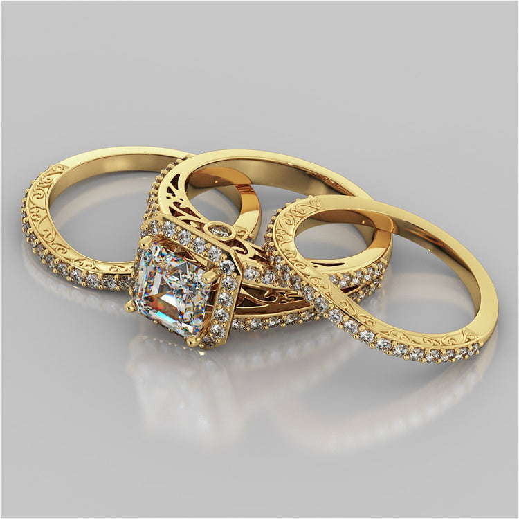 Asscher Cut Trio-Wedding Set with Accented Filigree Split Shanks