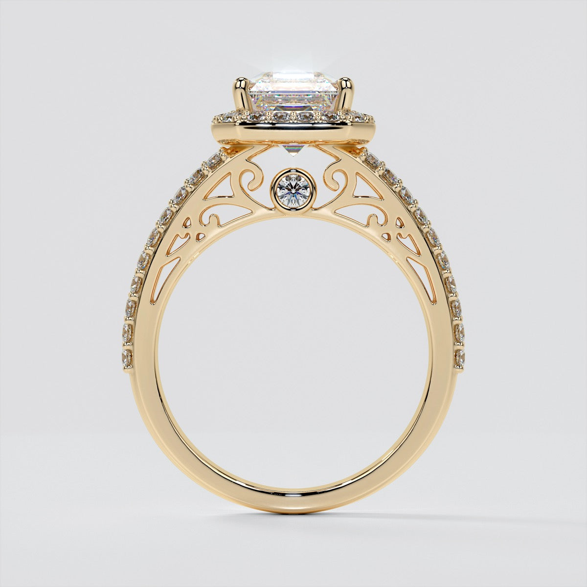 Asscher Cut Trio-Wedding Set with Accented Filigree Split Shanks