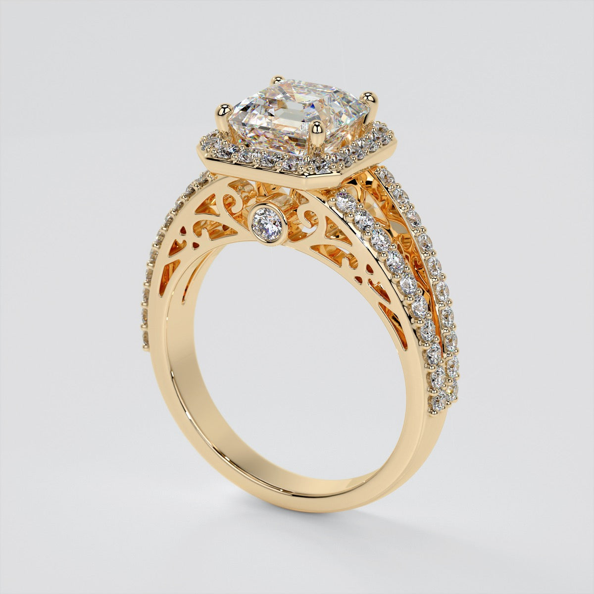 Asscher Cut Trio-Wedding Set with Accented Filigree Split Shanks