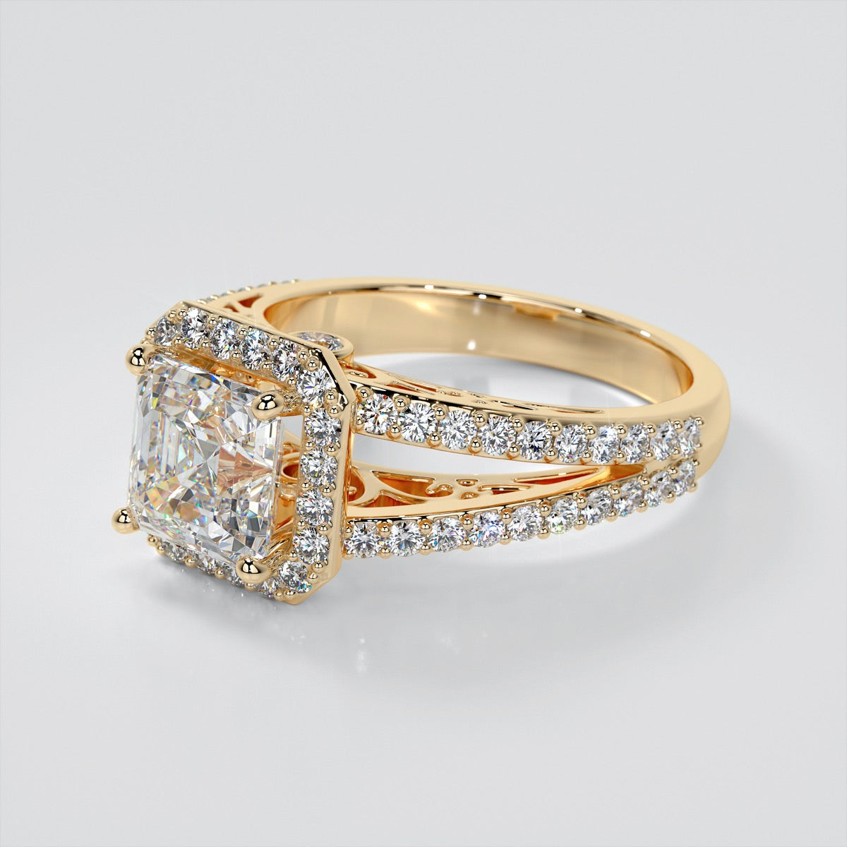 Asscher Cut Trio-Wedding Set with Accented Filigree Split Shanks