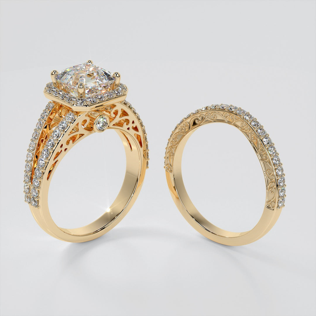 Asscher Cut Trio-Wedding Set with Accented Filigree Split Shanks