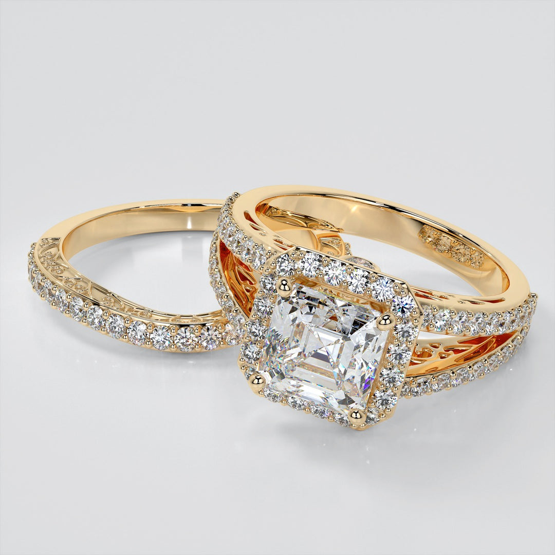 Asscher Cut Trio-Wedding Set with Accented Filigree Split Shanks