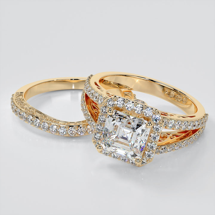 Asscher Cut Trio-Wedding Set with Accented Filigree Split Shanks