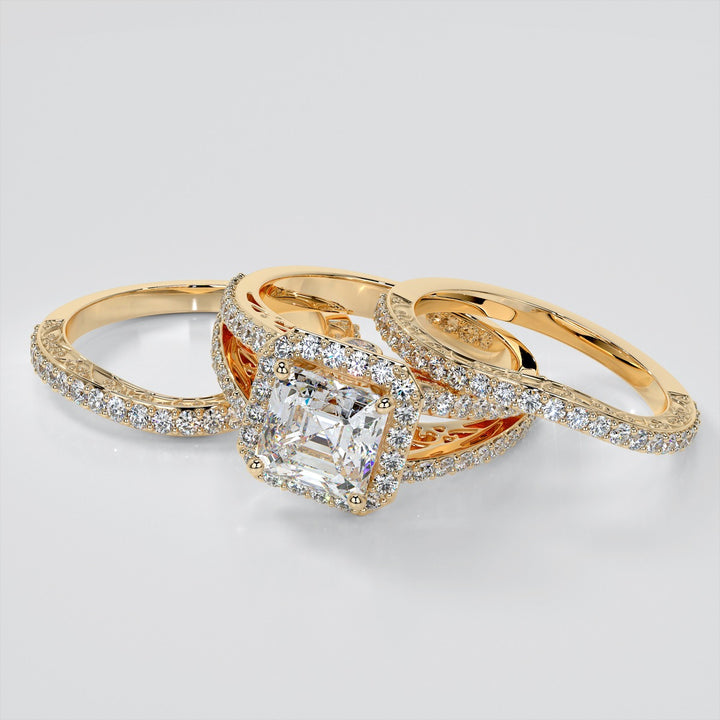 Asscher Cut Trio-Wedding Set with Accented Filigree Split Shanks