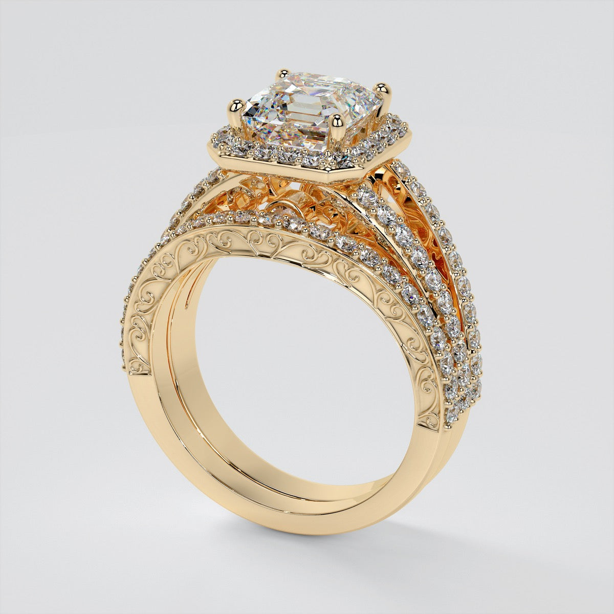 Asscher Cut Trio-Wedding Set with Accented Filigree Split Shanks