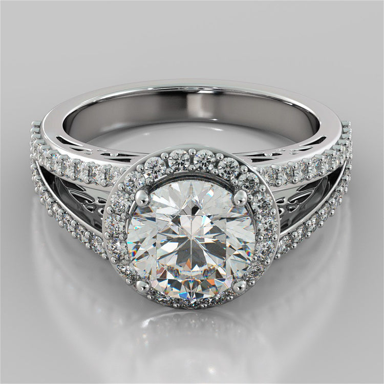 Round Cut Engagement Ring with Filigree Split Shanks