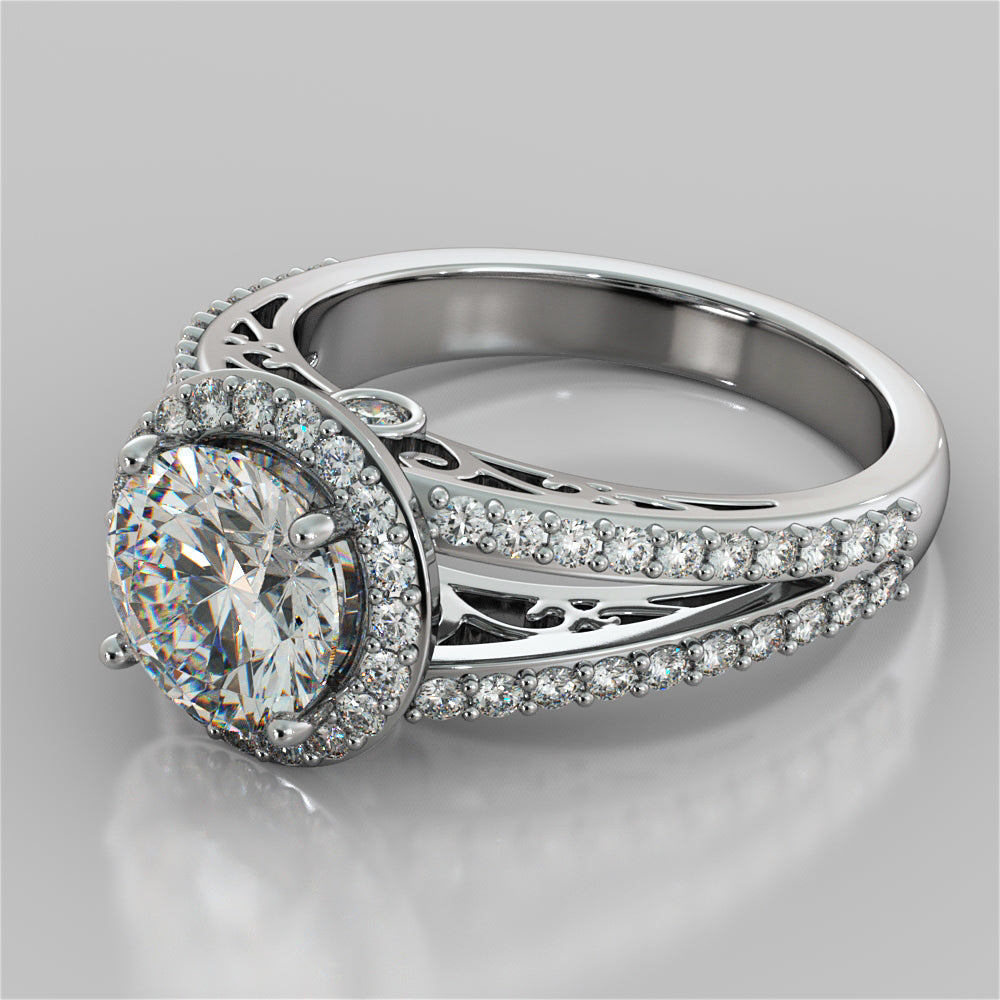 2.19Ct Round Cut Engagement Ring with Filigree in 14K White Gold