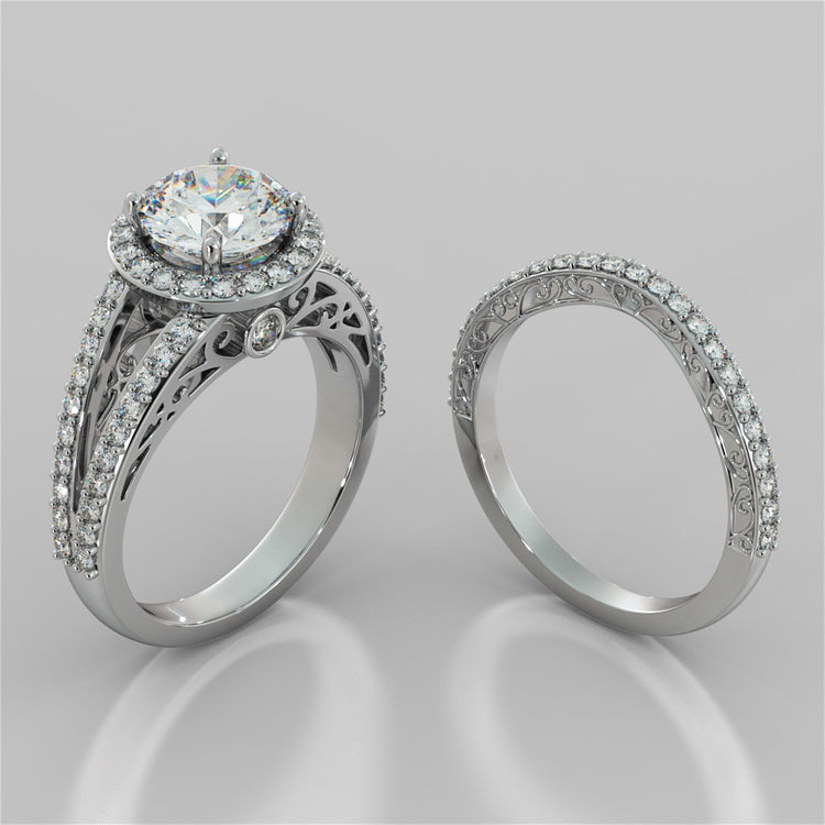 Accented Filigree Style Round Cut Trio-Wedding Set