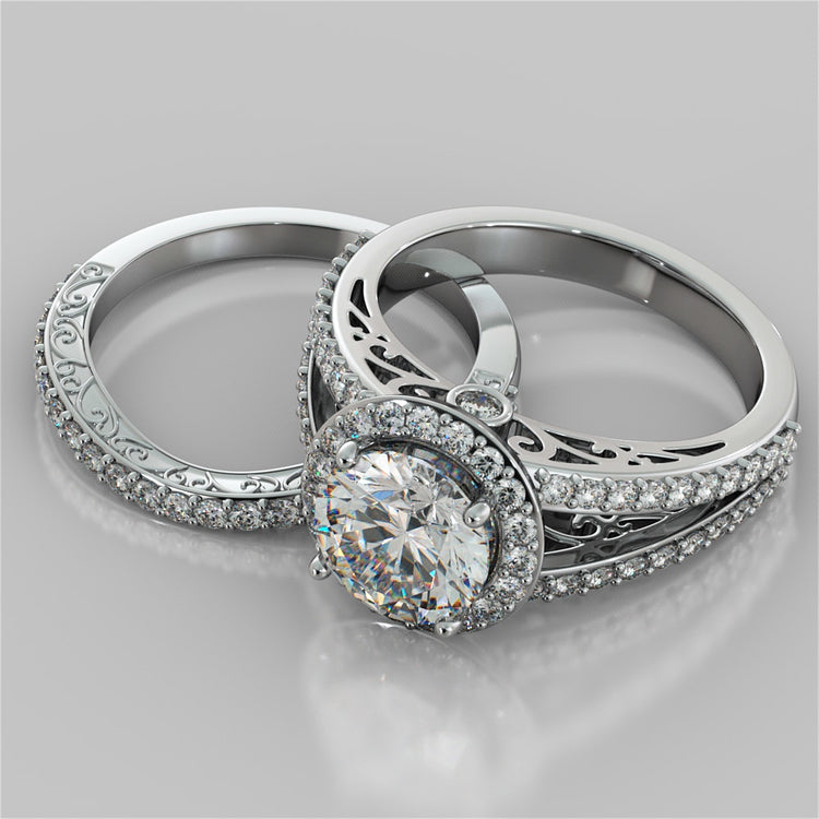 Accented Filigree Style Round Cut Trio-Wedding Set