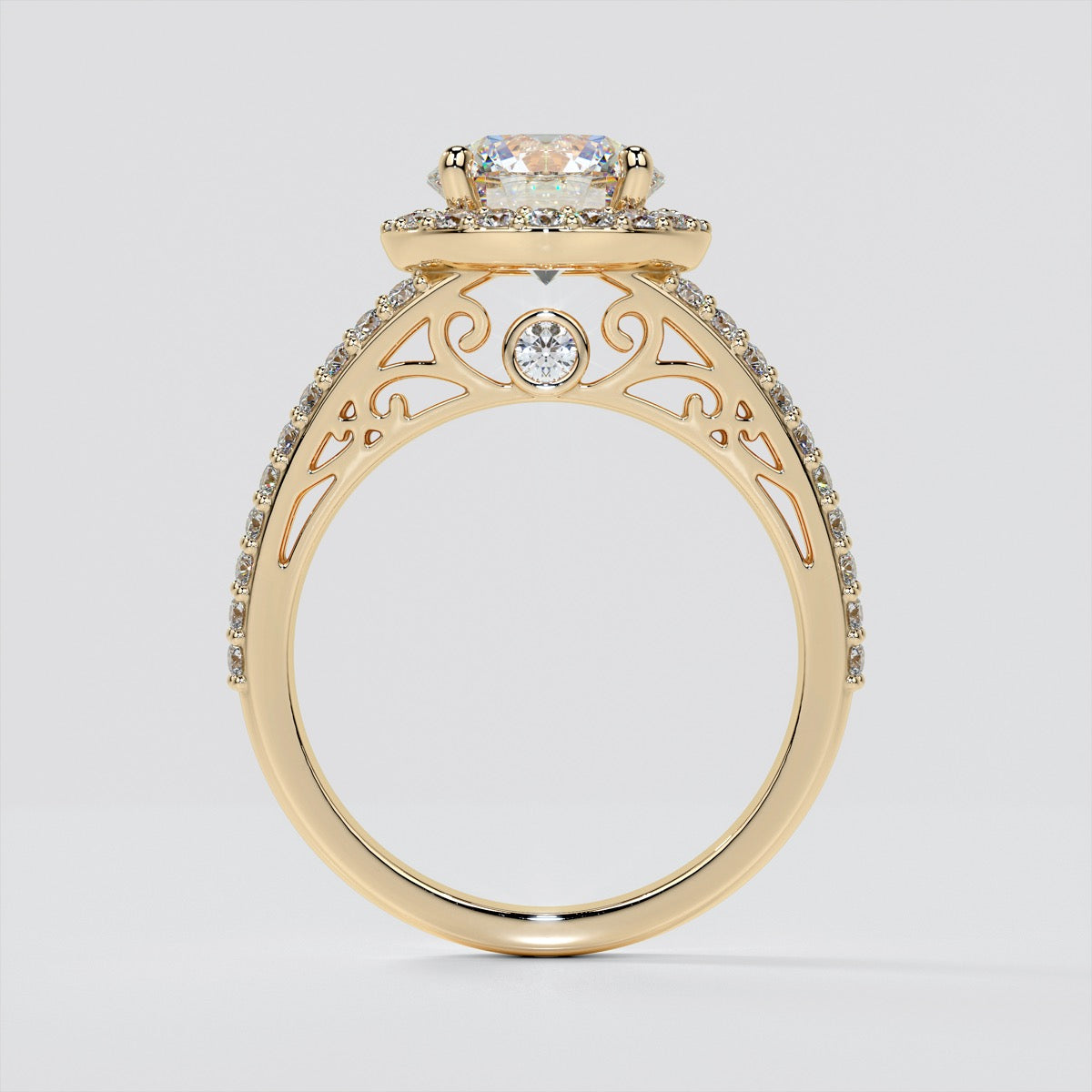 Round Cut Engagement Ring with Filigree Split Shanks
