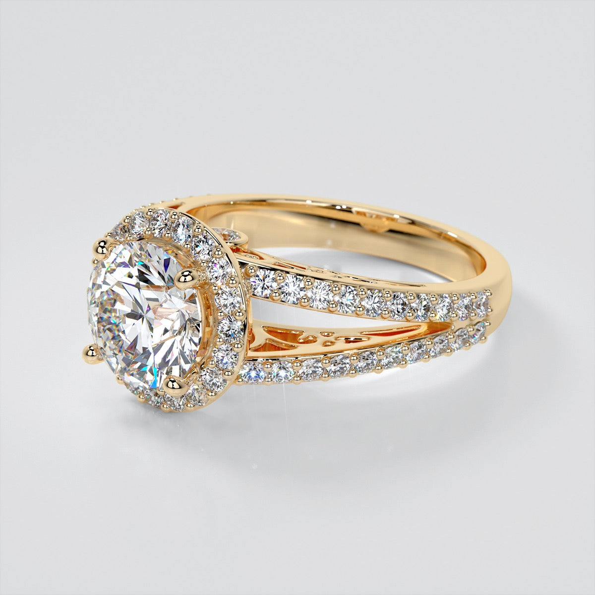 1.5Ct Round Cut Lab Grown Diamond Engagement Ring with Filigree Split Shank