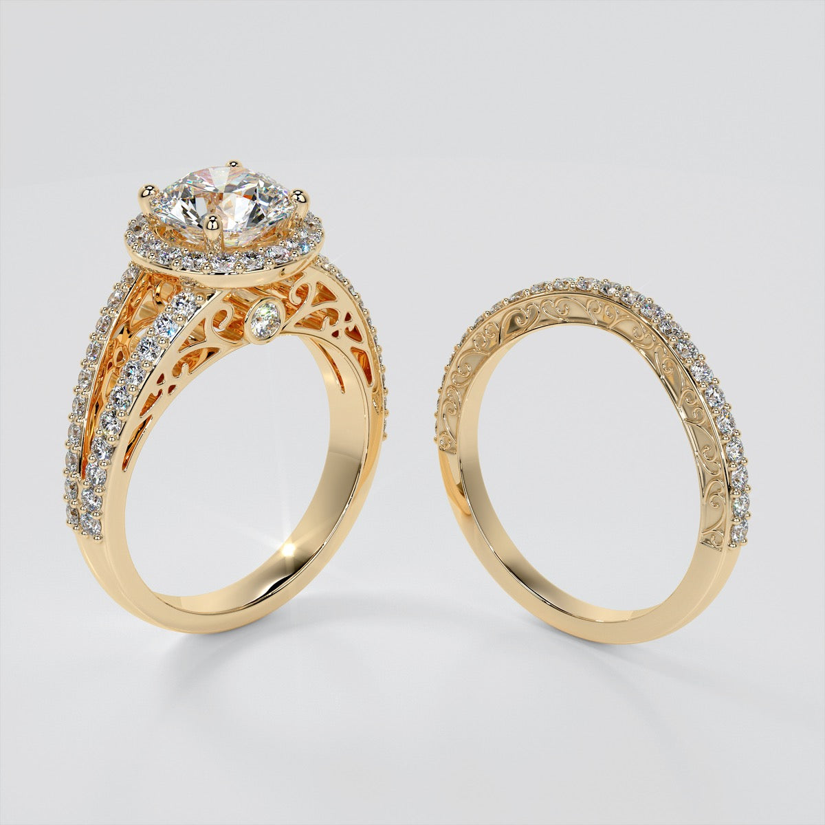 Round Cut Engagement Ring with Filigree Split Shanks